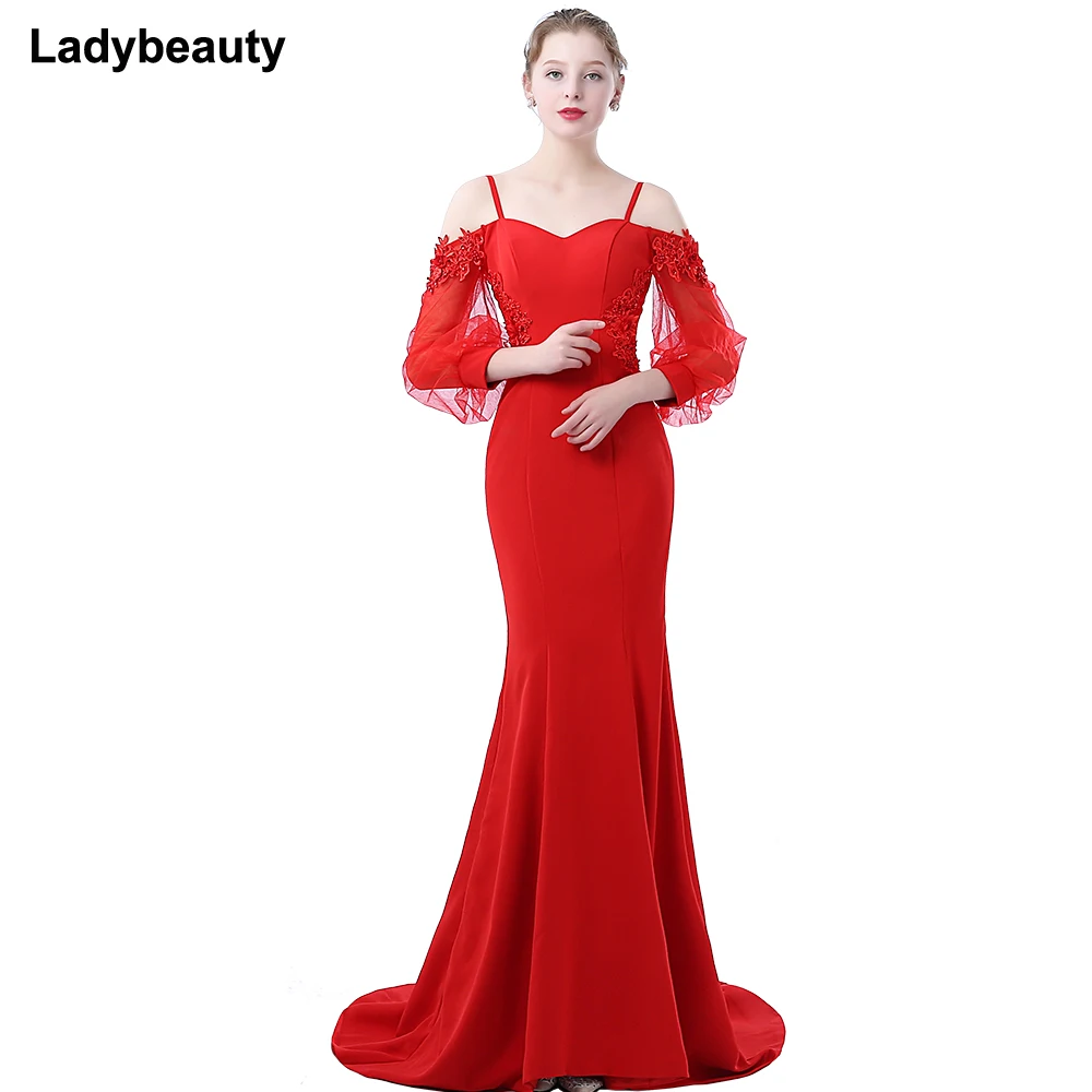 Женское вечернее платье с юбкой годе Ladybeauty Красное длинное аппликацией из бисера