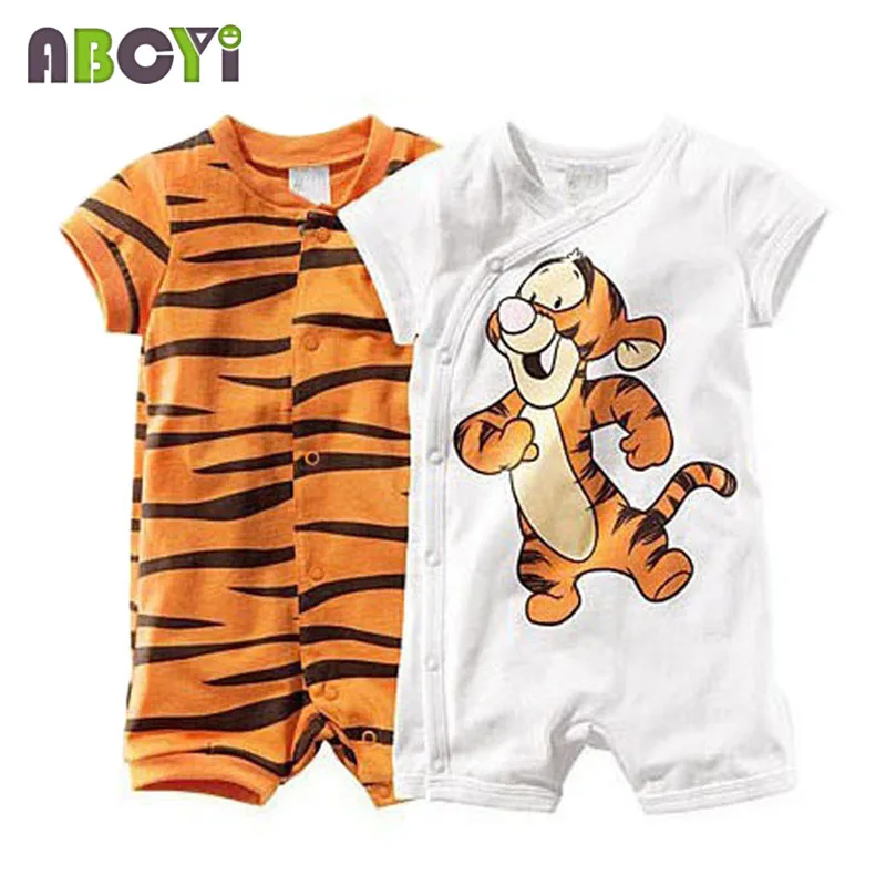 Комбинезон детский в полоску с коротким рукавом рисунком тигра A1030 | Мать и