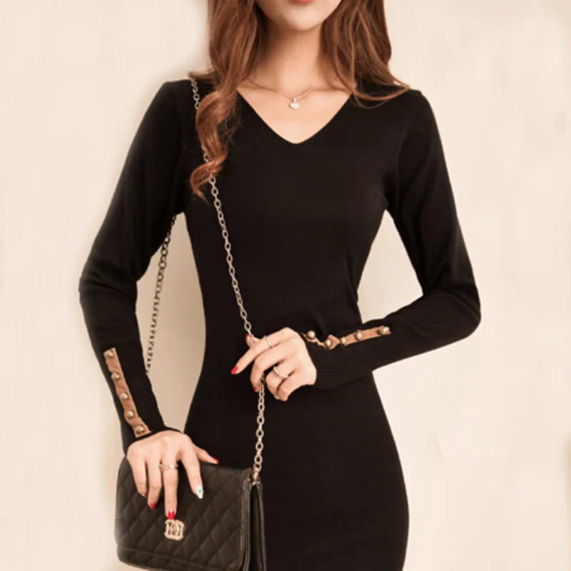 Женское трикотажное платье-свитер с V-образным вырезом и длинным рукавом |