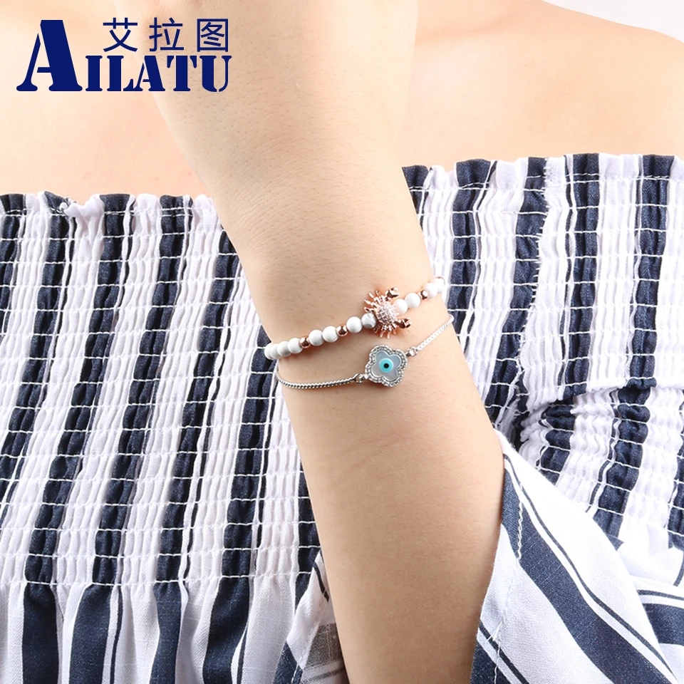 

Ailatu Brand Jewelry Micro Pave Cz Flower Charm with Color Keeping Chain Bracelet for Women or Girls
