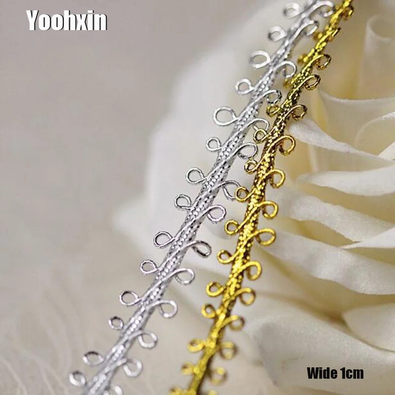 

1CM Wide Luxury cotton Embroidery gold silver flower lace fabric trim ribbon DIY sewing applique collar craft wedding accessory