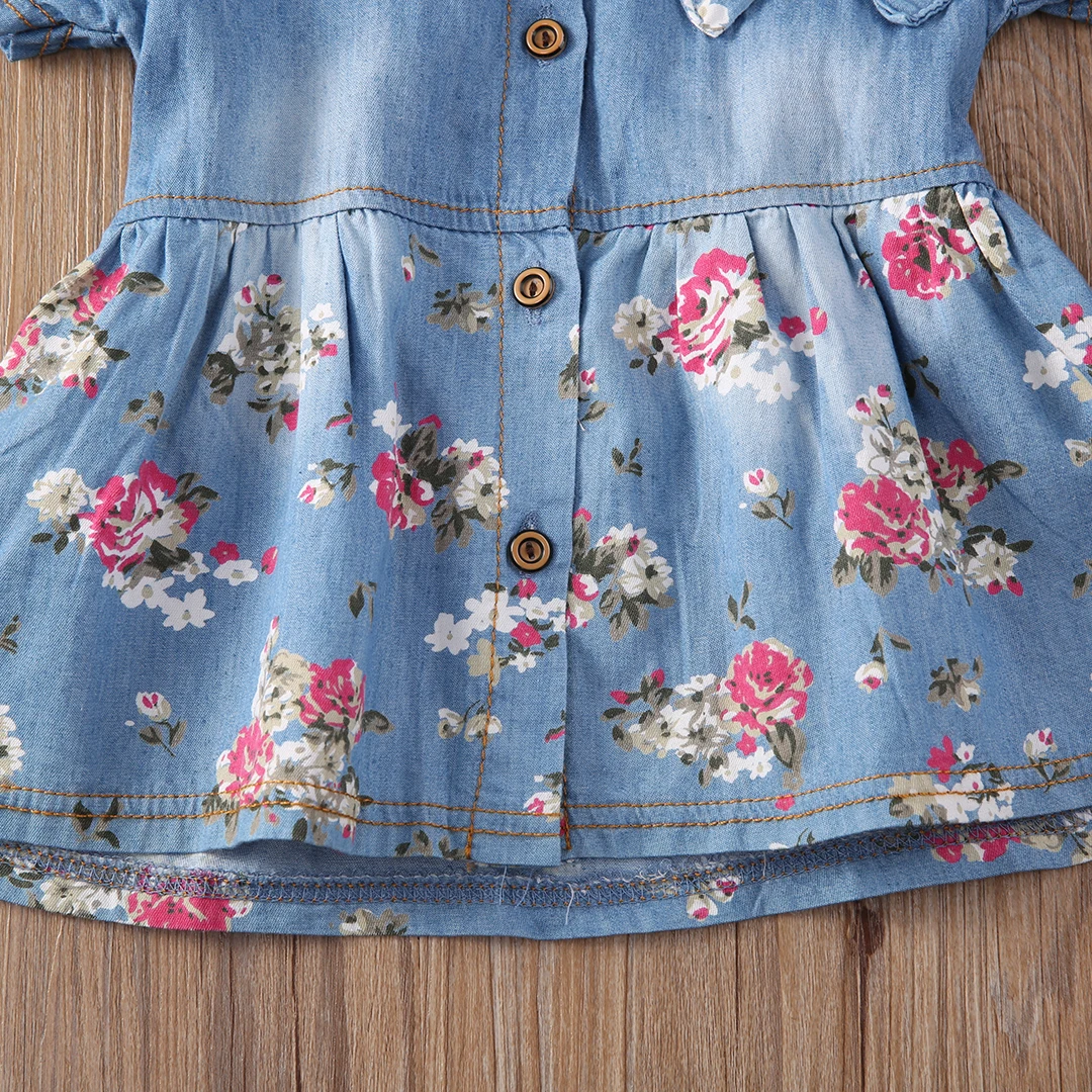 Платье для девочек 2017 летнее платье из джинсовой ткани с цветочным принтом