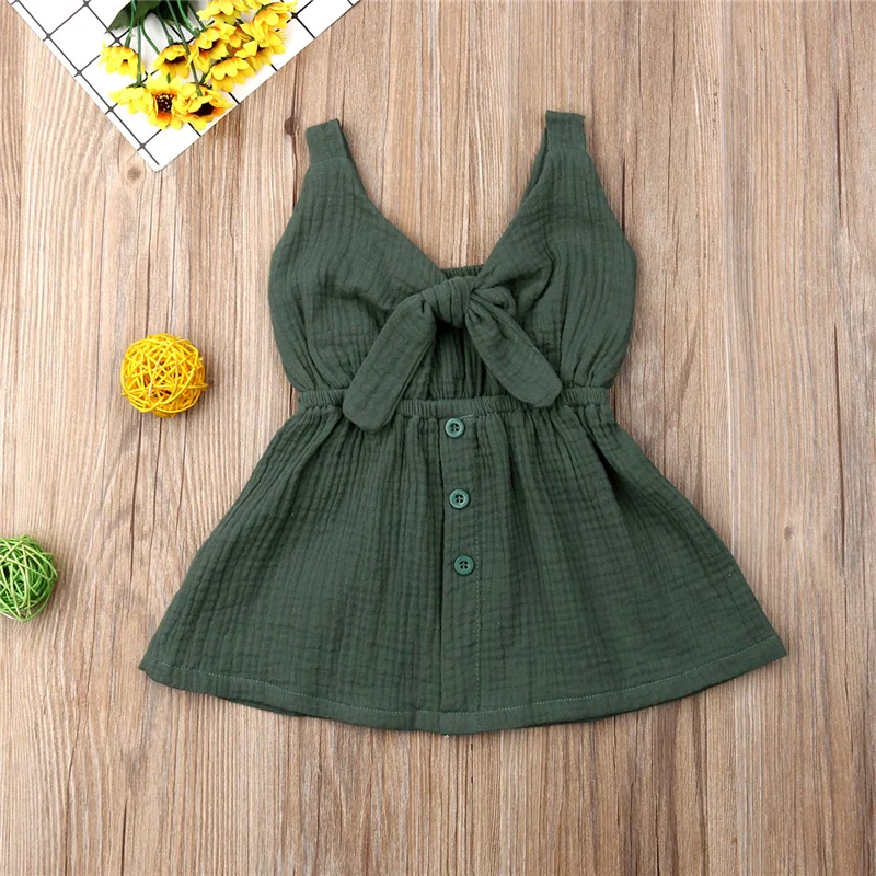 Brief Kids Baby Girls Cotton Linen Sundress Solid Princess Sleeveless Bow V-Neck Mini Dress Girl Strap Button A-line 6M-4Y | Детская