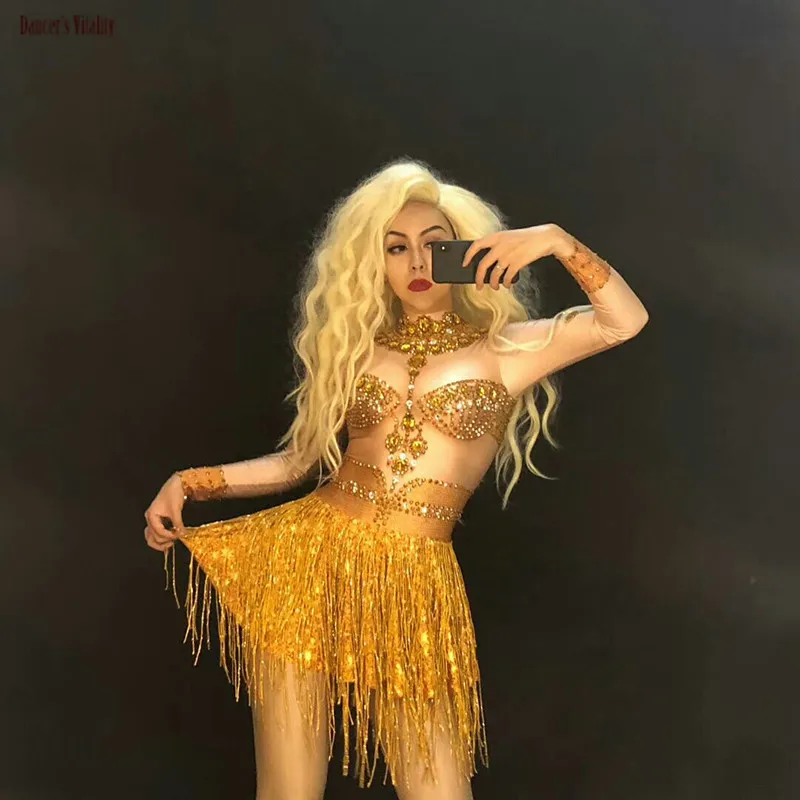 Sparkly Crystals Gold Jumpsuit Stretch Tassel Outfit Celebrate Bright Rhinestones Bodysuit Costume Female Singer Birthday Dress |