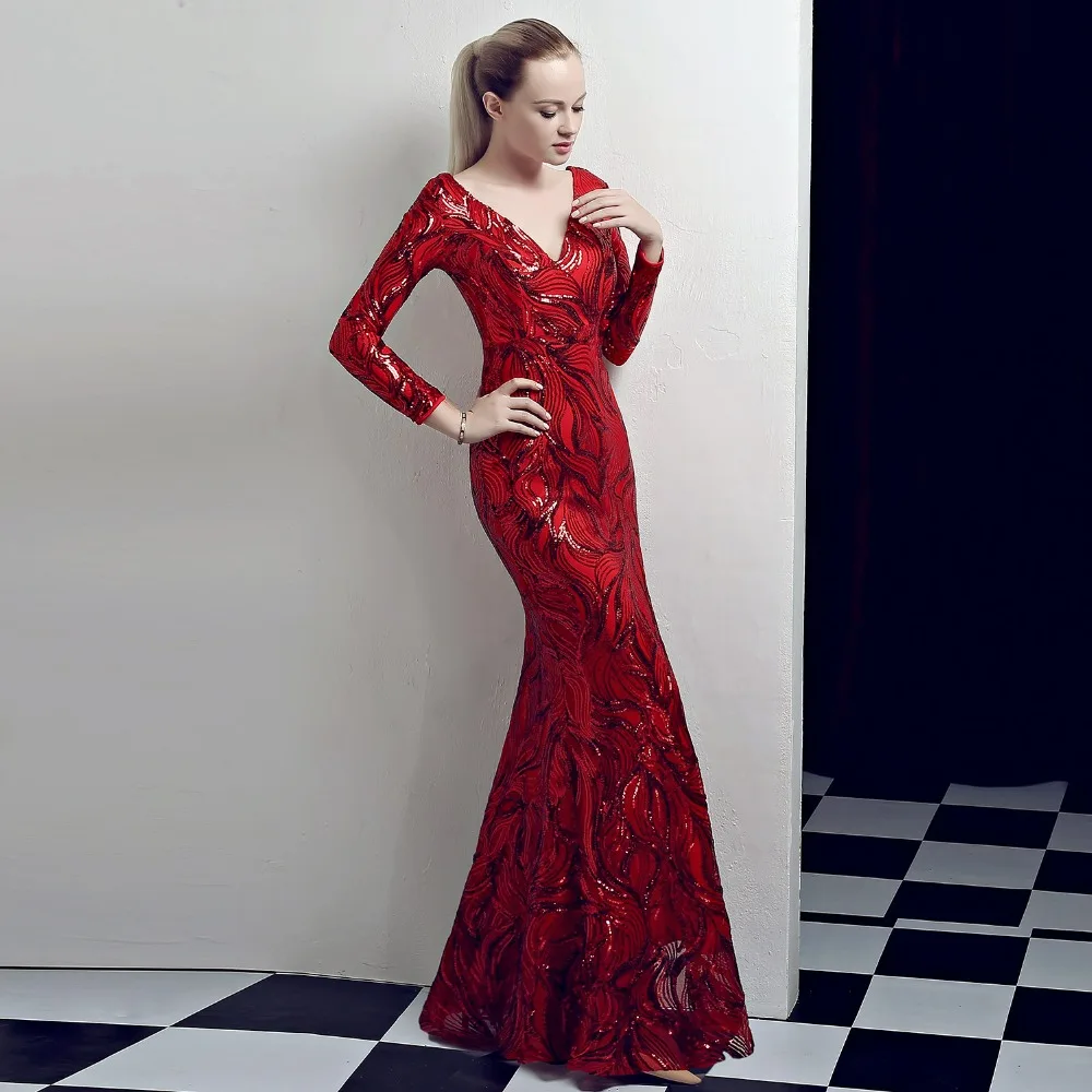 

Woman Sexy V neck Sequins Long Sleeves Side Slit Mermaid Formal Evening Dress long train Bridal Gown for party 2019