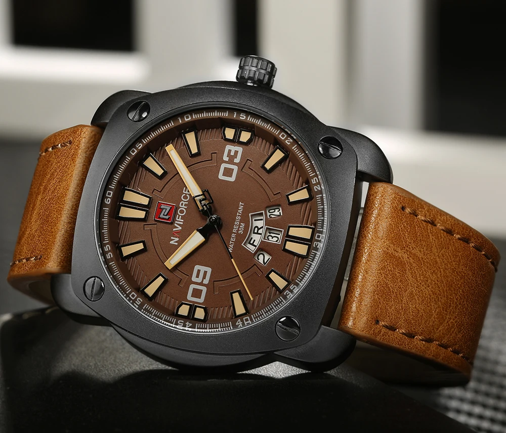 Naviforce оригинальный Элитный бренд Спорт Кварцевые часы Для мужчин кожа армии