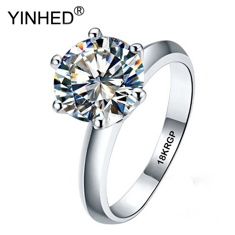 

YINHED Original 2 Carat White Solitaire Ring 18KRGP Gold Color Real Zircon CZ Engagement Ring Wedding Jewelry for Women DR168