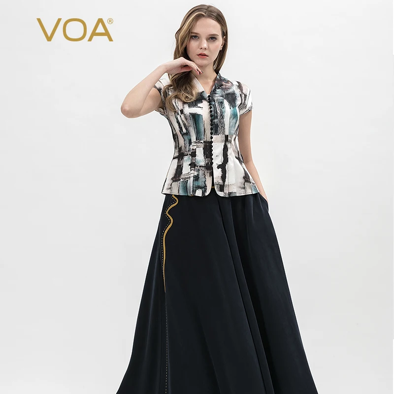 VOA Шелковый эластичный атлас китайский стиль гриб Пряжка чернильная печать v-образный вырез рукав плиссированный дизайн элегантная рубашка B995