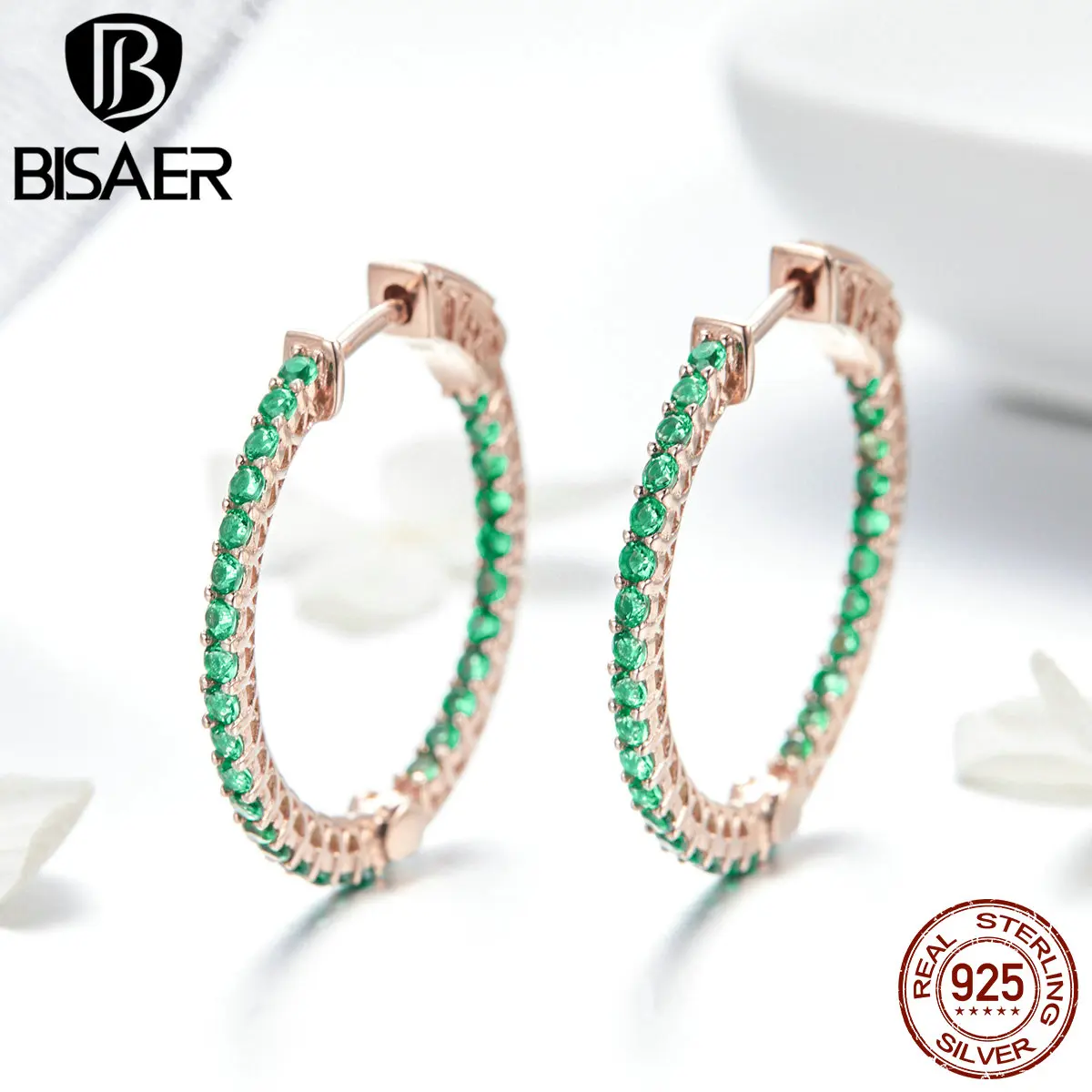 BISAER, 925 пробы, серебряный, зеленый, CZ, золотой цвет, женские серьги-кольца для женщин, роскошные модные ювелирные изделия, Brincos GXE511