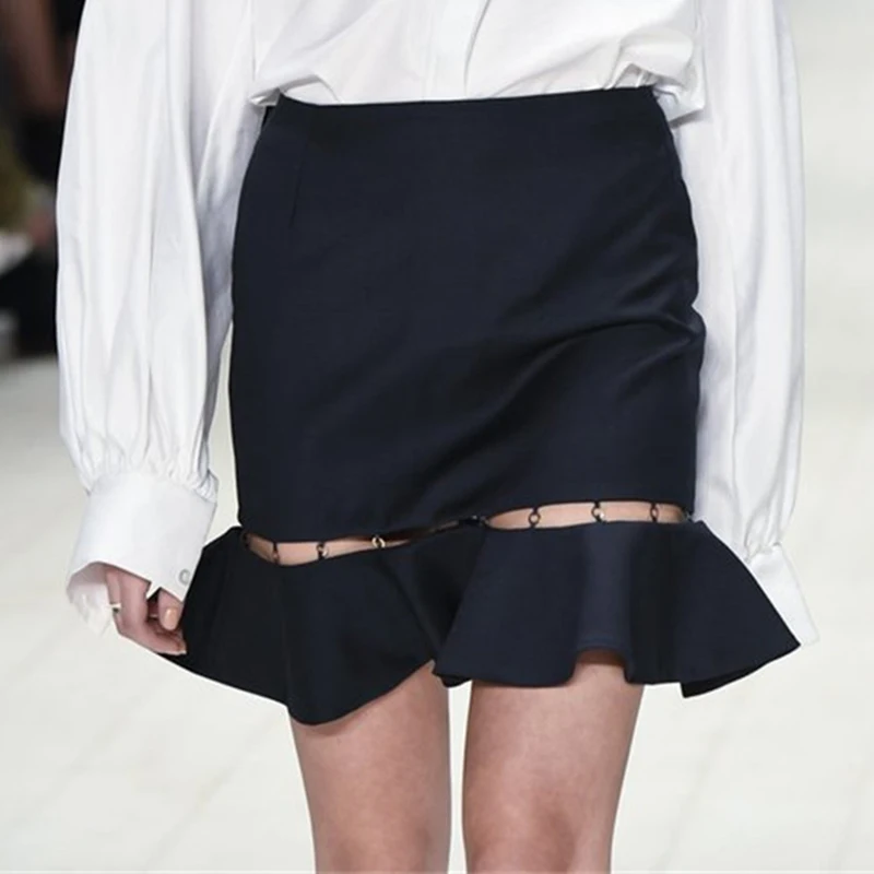 TWOTWINSTYL Mermaid Skirt Suits Women V Neck Long Sleeve Basic White Shirt With High Waist Hollow Out Patchwork Mini Skirts OL | Женская