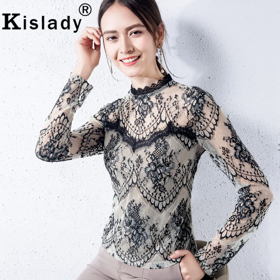 Кружевная блузка kisady кружевная с длинным рукавом в стиле пэтчворк прозрачный топ
