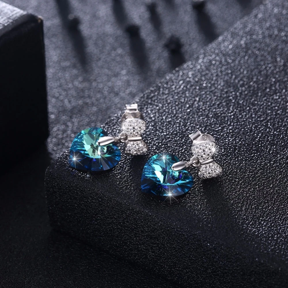 LEKANI кристаллы от SWAROVSKI подвесное сердечко серьги милый бант пирсинг для женщин Свадебные подарки для девочек S925 серебряные ювелирные изделия