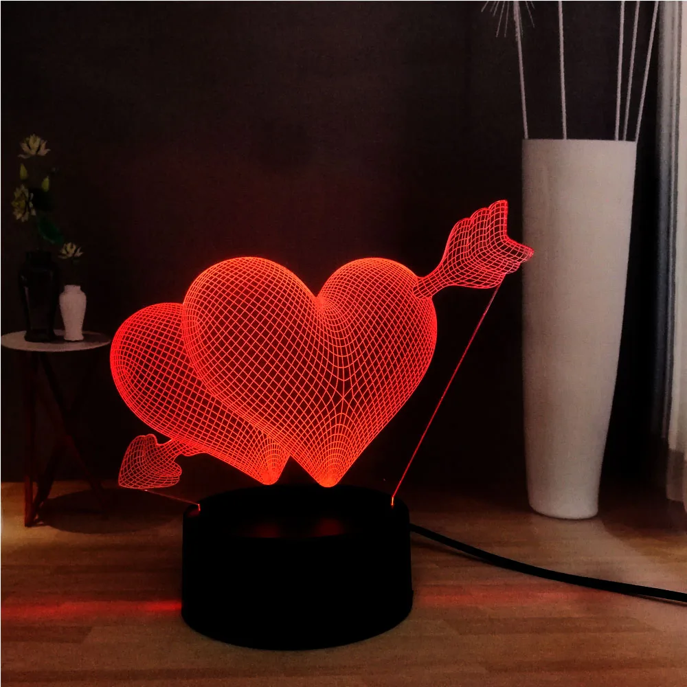 Романтическая 3D любовь стрелка через сердце светодиодный 7 красочная настольная лампа Свадебная атмосферная лампа USB мини прикроватная лампа подарок подруге