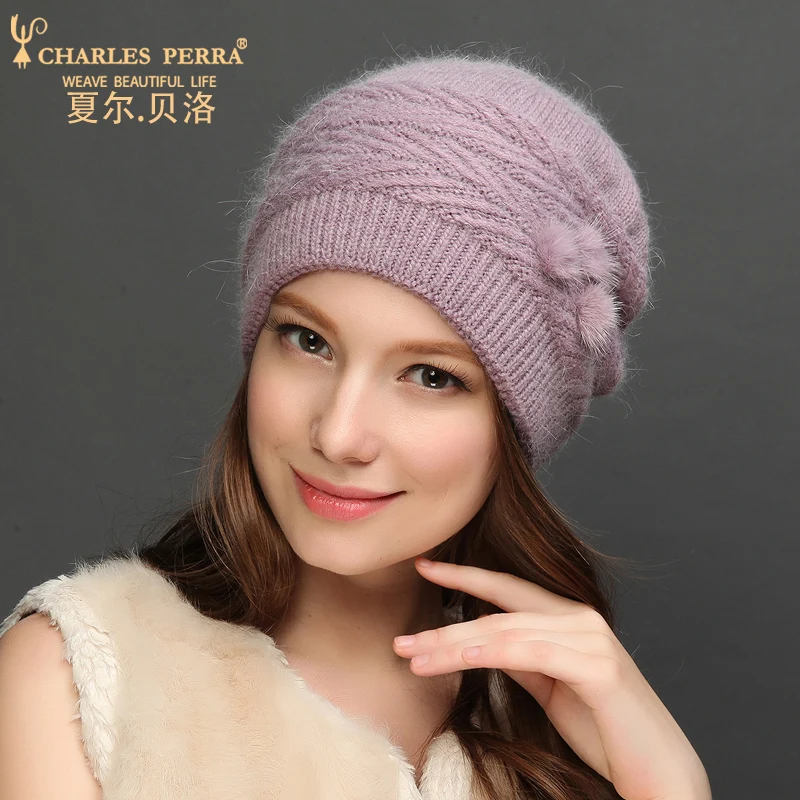 Женские шерстяные шапки Charles Perra вязаные из кроличьего меха на осень и зиму теплые