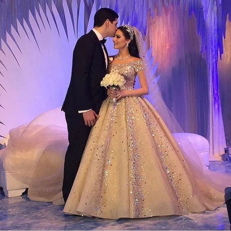 Luxury Vintage Champagne Wedding Dresses Sexy Boat Neck Sequin Short Sleeve vestidos de novia 2017 Bridal Gowns robe mariage | Свадьбы и