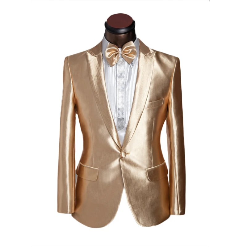 

2017 Latest Coat Pant Designs Gold Satin Men Suit Prom Jacket Slim Fit Tuxedo Custom Groom Stage Suits 2 Piece Blazer Masculino