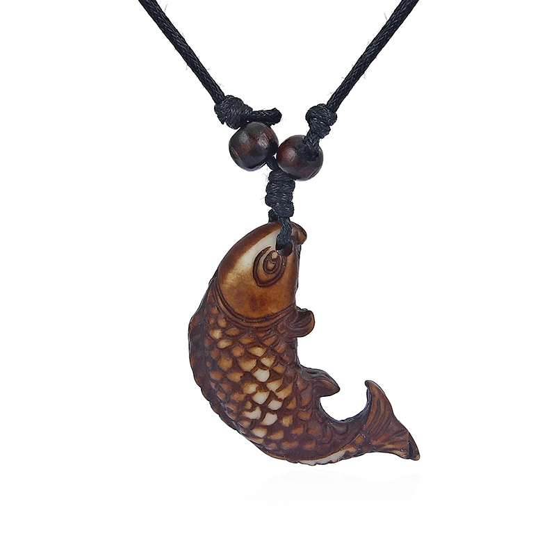 12pcs Brown Fuax Yark Bone Fish Shaped Pendant Neckalce Surfer Fashion Black Wax Cotton Cord Resin Necklace|Ожерелья с подвеской| |