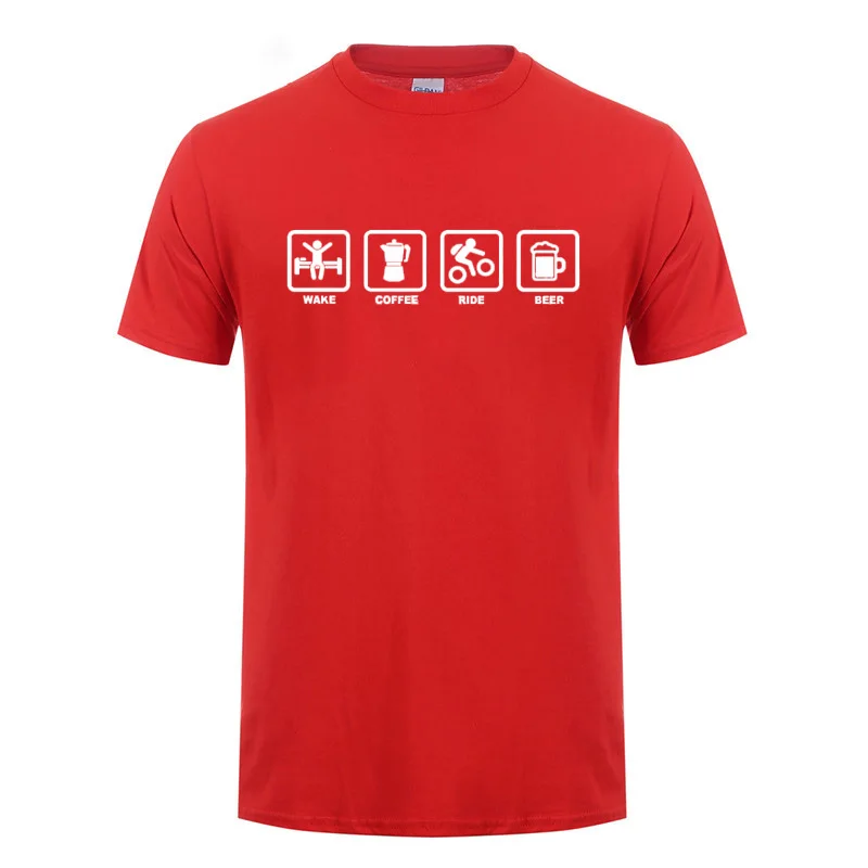 Wake Coffee Ride Beer Bicycle T-Shirt Funny Birthday Gift For Men Dad Father Husband Summer Short Sleeve O Neck Cotton T Shirt | Мужская