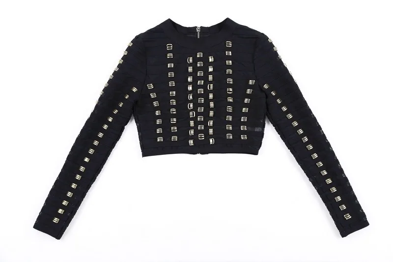 Женские модные облегающие сетчатые топы с круглым вырезом и шипами черные|bandage