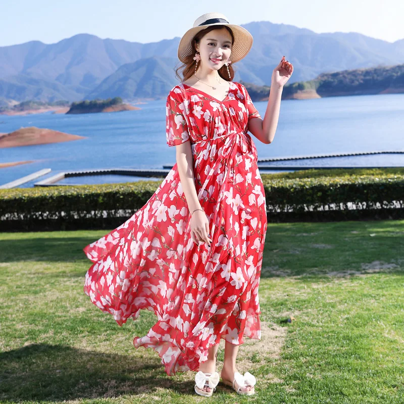 Женское платье макси в богемном стиле шифоновое длинное с цветочным принтом