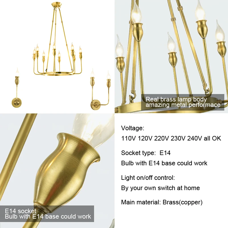 Американский и Европейский минимализм медный светодиодный светильник люстра E14