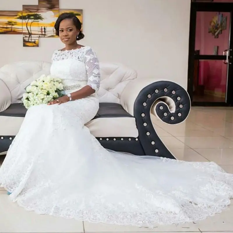 

New Design 3/4 Sleeves Mermaid Wedding Dresses Beads Sweep Train Lace Appliques Bride Bridal Gown