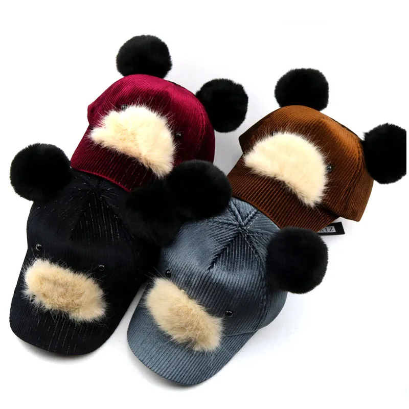 Hat for boy and girl Children's hat 2018 autumn winter new cute cartoon double ball pompom hats baseball caps kids Snapback | Детская
