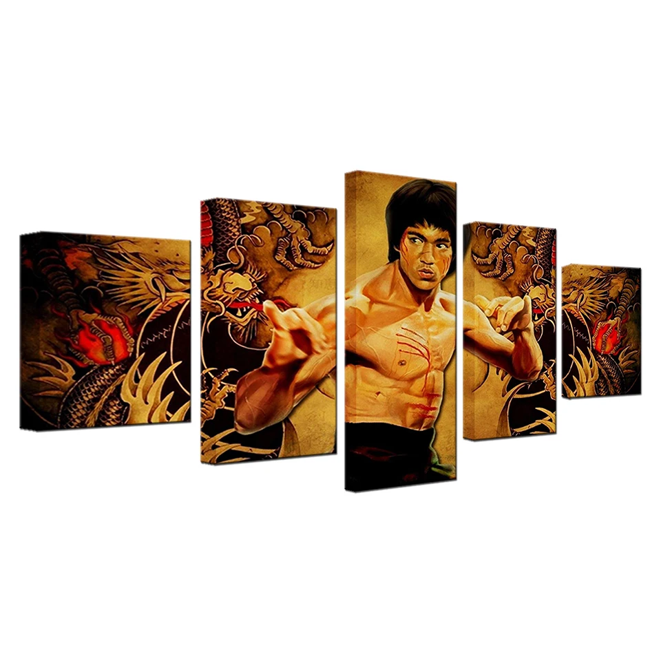 Modern Canvas HD Printed Home Decor 5 Panel Kung Fu Superstar Bruce Lee Poster Framework For Room Wall Art Painting Pictures | Дом и сад