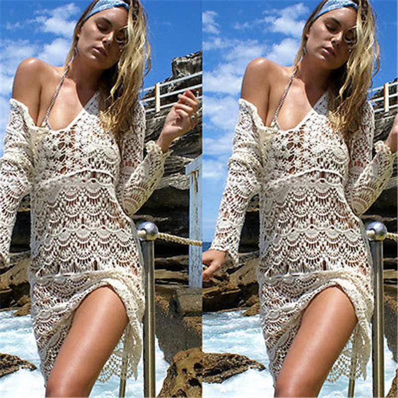 2017 Летнее белое кружевное пляжное платье прозрачный купальник пляжная одежда