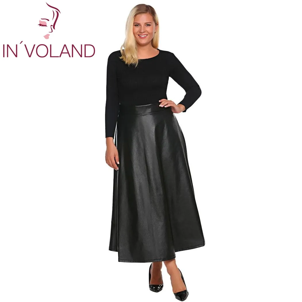 Женская кожаная юбка IN'VOLAND длинная Однотонная трапеция Макси размера плюс 5XL с