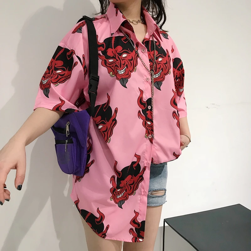 Harajuku модные короткий рукав Для женщин рубашки хип-хоп дьявол глава жуткий мультфильм печати рубашки хлопковые свободные средней длины летние рубашки