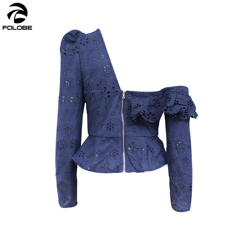 

FOLOBE Sexy Off Shoulder Asymmetrical Womens Shirt Blouse Long Sleeve Hollow Out White Lace Tops Female Elegant Summer
