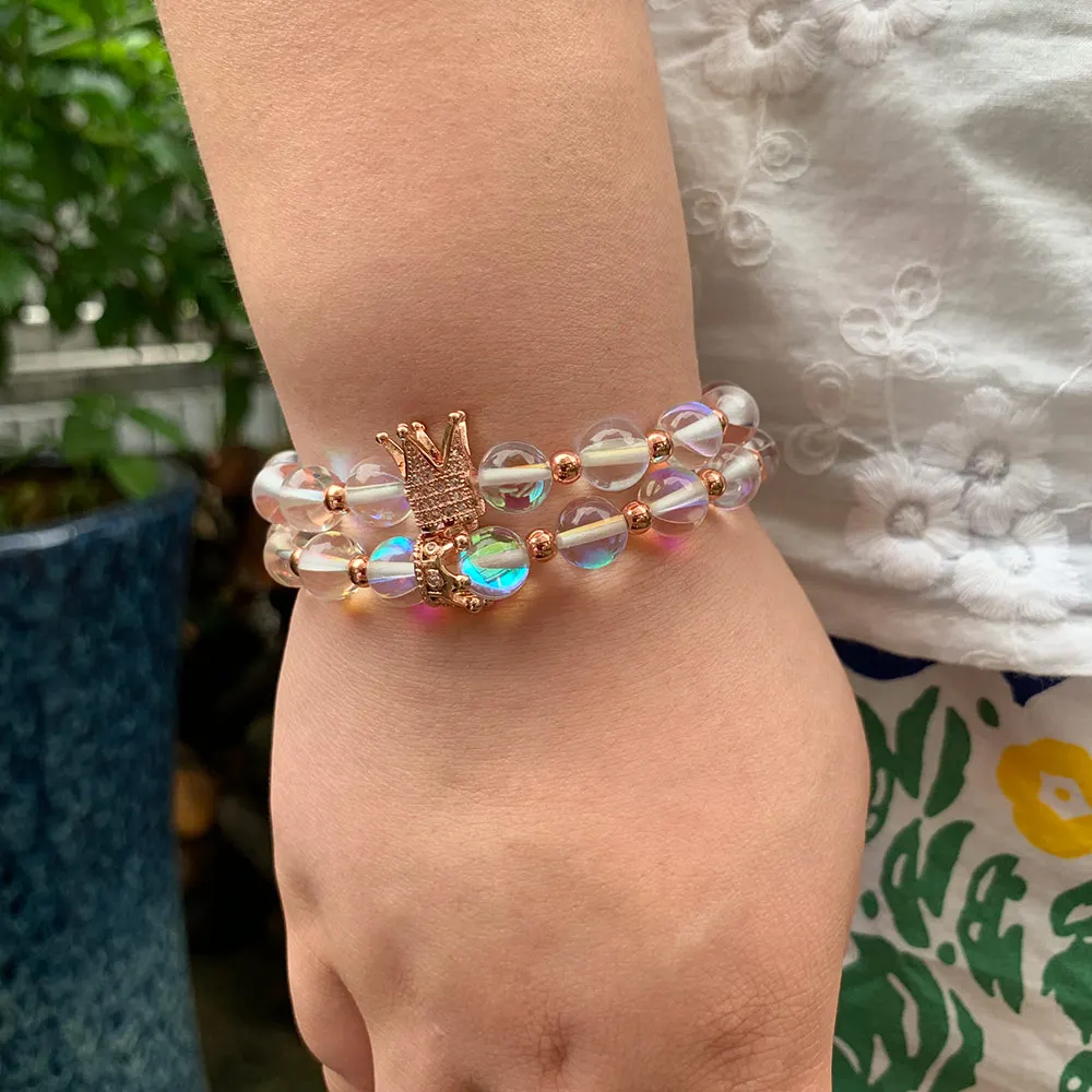 King Queen CZ crown women bracelets stone beads White Crystal Moonstone Bracelets &amp Bangle for jewelry accessories | Украшения и