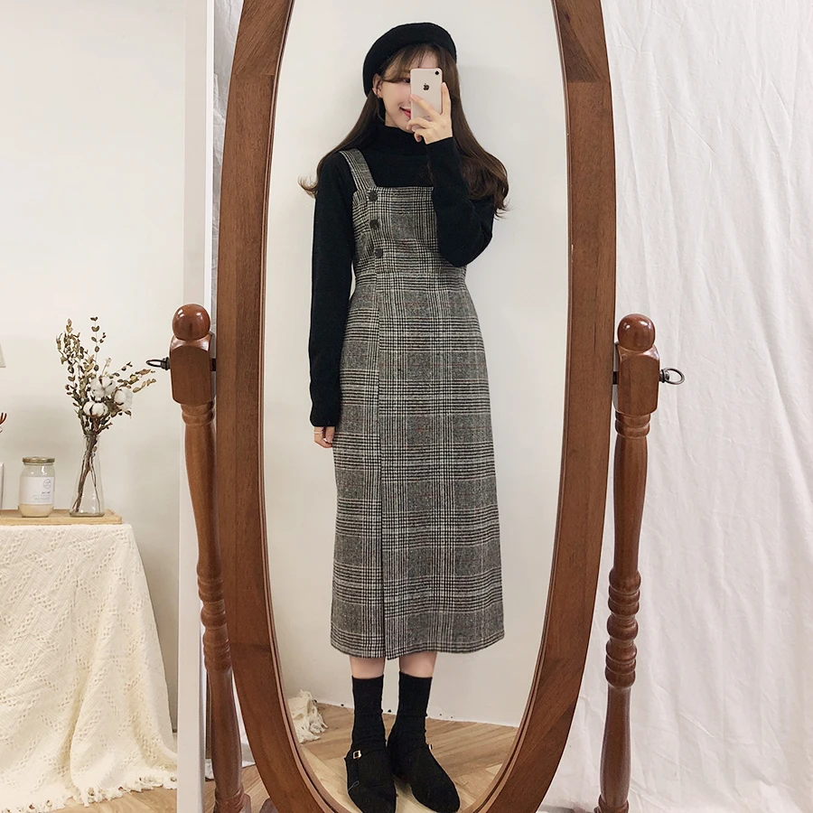2019 новое ретро шерстяное клетчатое платье без рукавов женское тонкое с высокой