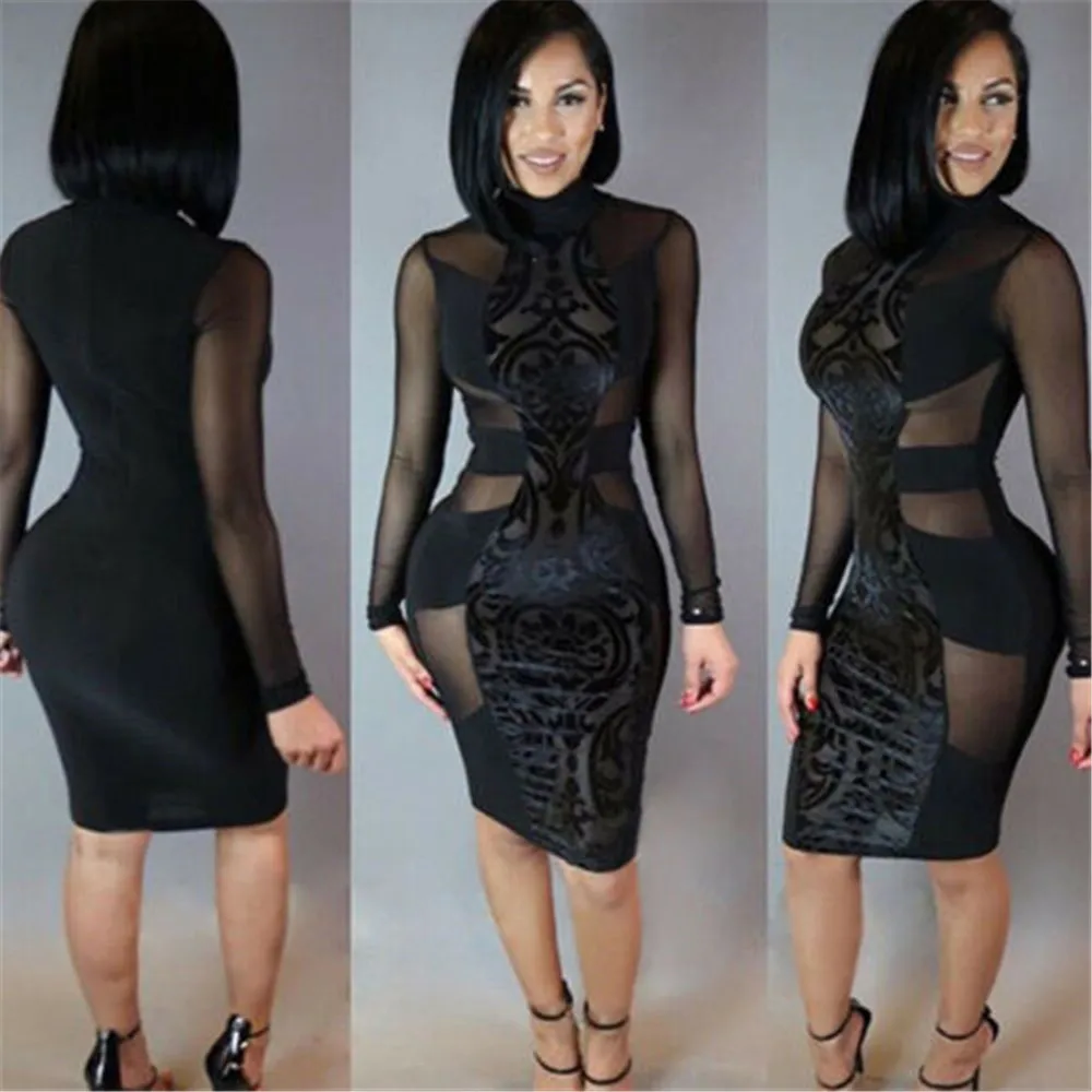 Women Dress Ladies Summer Sexy Fashion Long Sleeve Black Tulle Perspective Bodycon Evening Party Pencil Club 2020 Hot | Женская одежда