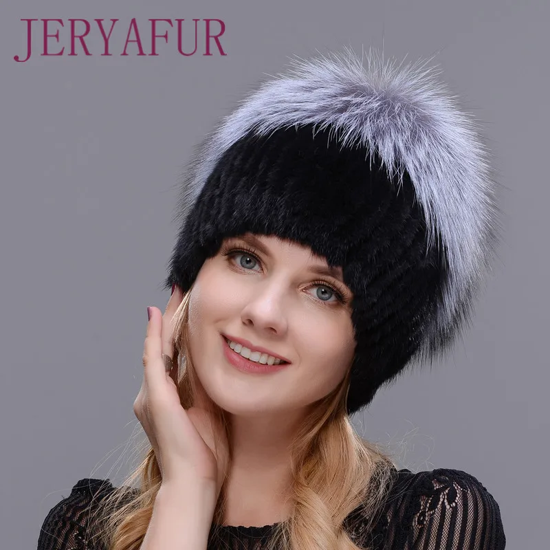 Горячая Распродажа модная шапка из норки зимняя теплая женская вязаная норковые