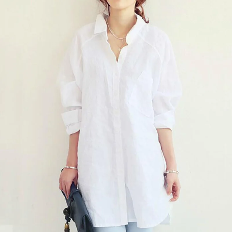 

2018 Women Loose Plus Size Shirts Casual All-Match Long-Sleeve Shirt White Fashion Medium Long Loose Shirts Bloues Women