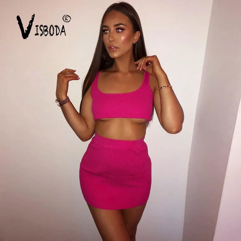 Женский комплект 2 шт. розовый укороченный жилет и мини юбка наборы мода 2019 Лето