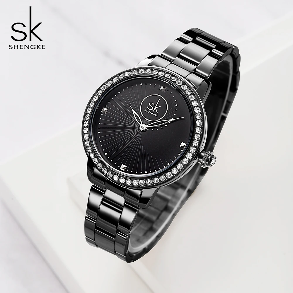 Shengke черные часы Для женщин кварцевые Дамы Топ Марка кристалл Роскошные женские