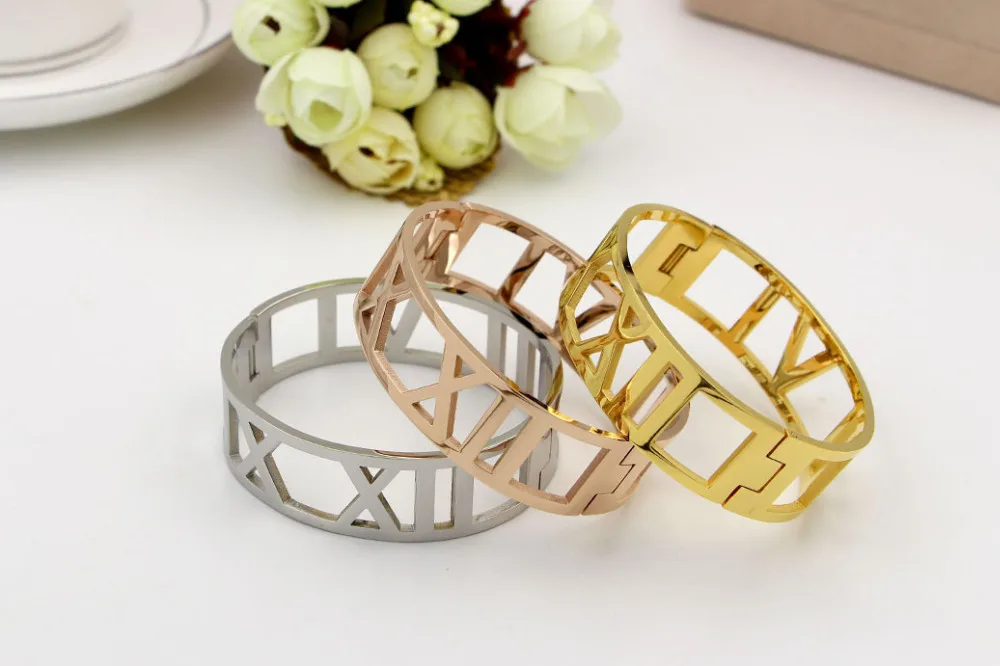 

exaggeration Hollow Roman Numeral Bracelets & Bangles Titanium Steel Bangle Fine Jewelry For Women Vacuum Plating Bangle Top Qua