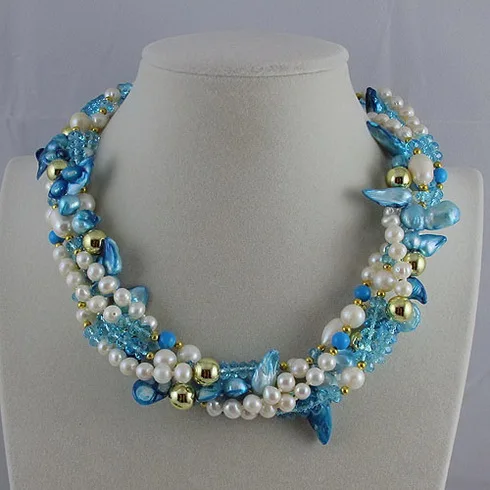 Offerte Unico Perle Gioielli Negozio, 5 Righe Blu Di Cristallo Reale Collana Di Perle D'acqua Dolce, Affascinante Monili Del Regalo Delle Donne