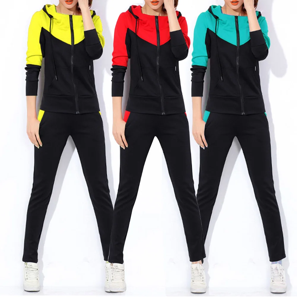 Осенний женский спортивный костюм 2 шт./компл. топ с капюшоном + брюки круглым