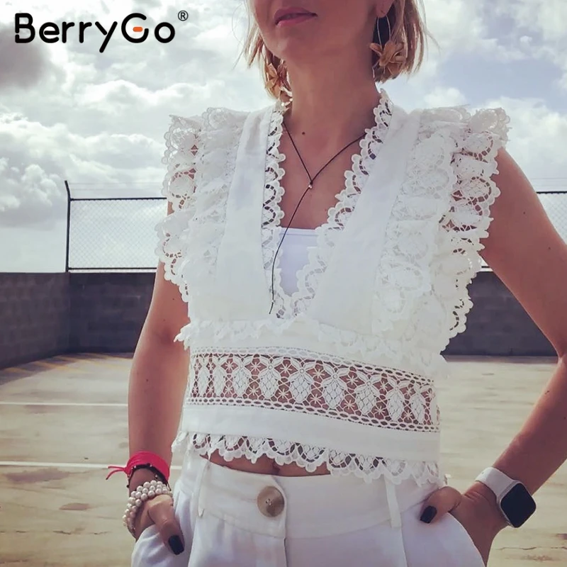 BerryGo Sexy с v-образным вырезом летние кружевные белые майки Женские Элегантные
