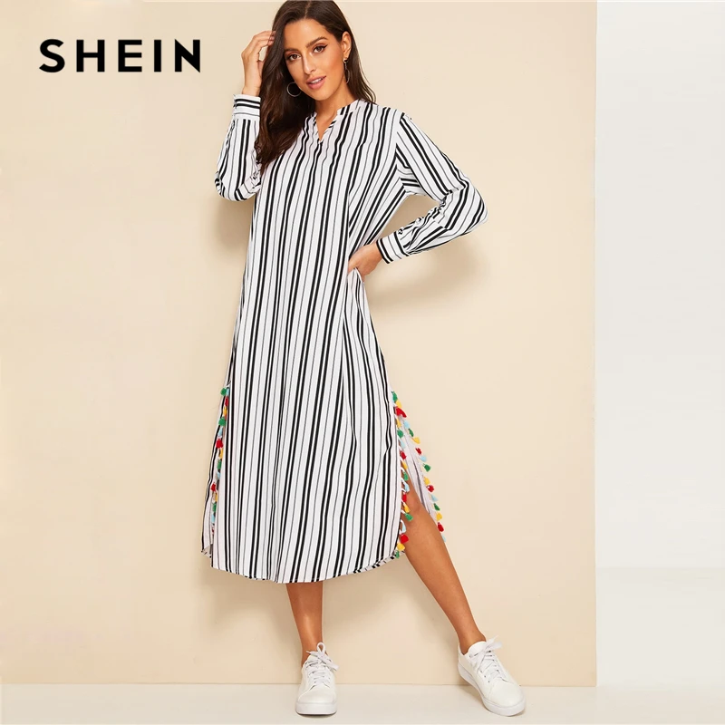 SHEIN Платье-туника в полоску с v-образным вырезом и кисточками сбоку, женское платье с длинным рукавом на весну и осень, черно-белое платье с v-образным вырезом