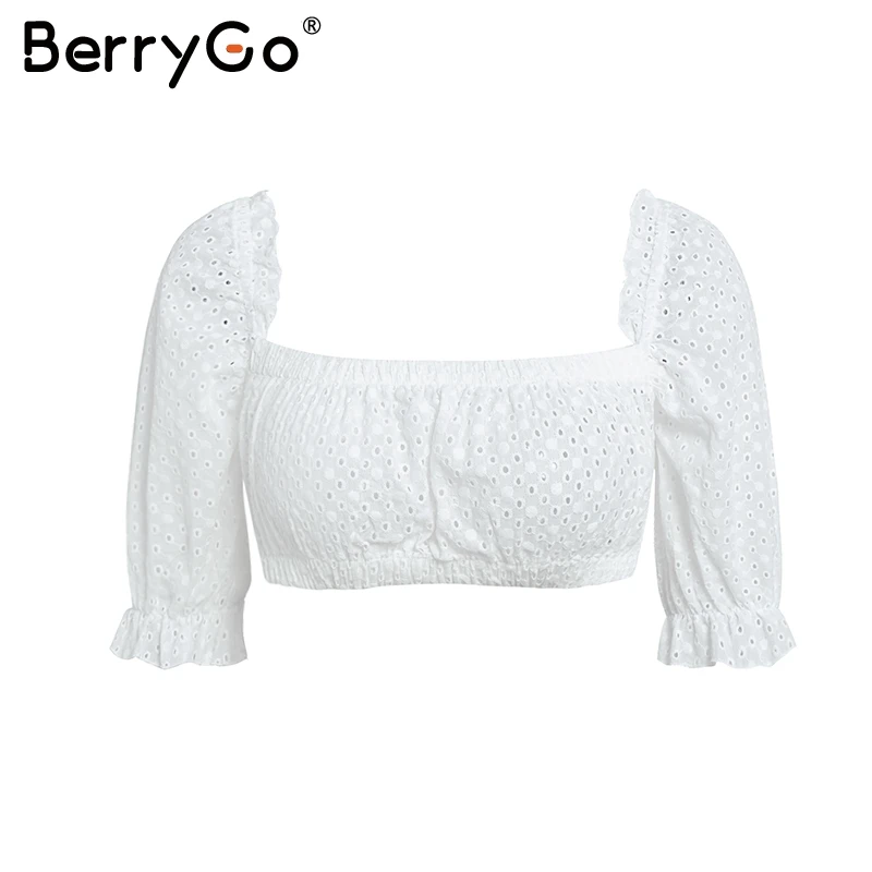 BerryGo Винтаж вышивка белый укороченный топ Для женщин с открытыми плечами хлопок