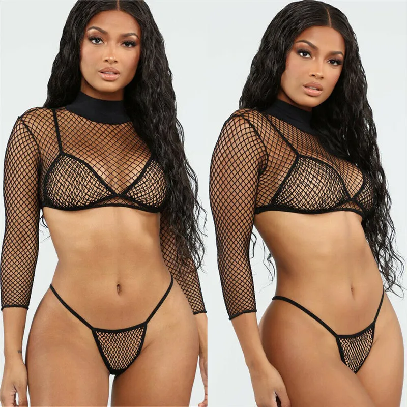 2019 Women Sexy 3PCS Bikini Set Mesh Cover Up Swimwear Long Sleeve Swimsuit Bathing Beachwear | Женская одежда