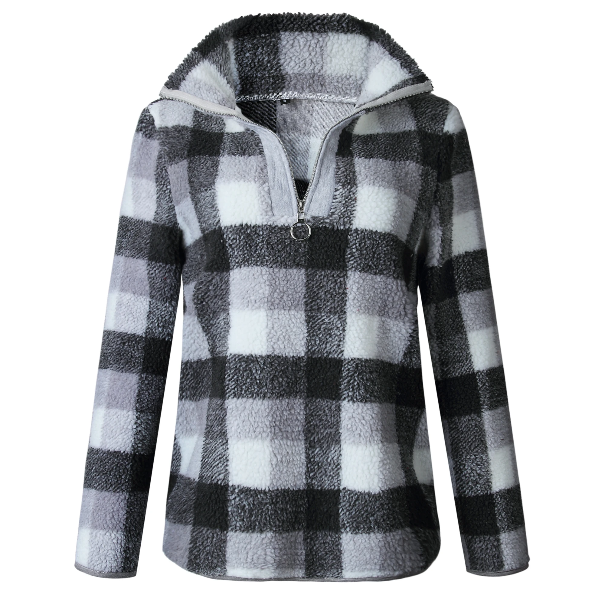 2019 Women Long Sleeve 1/4 Zipper Lapel Fleece Pullover Sweater shirt Warm Plaid Fluffy Hoodies Sherpa Knit Soft Outwear Coat | Женская