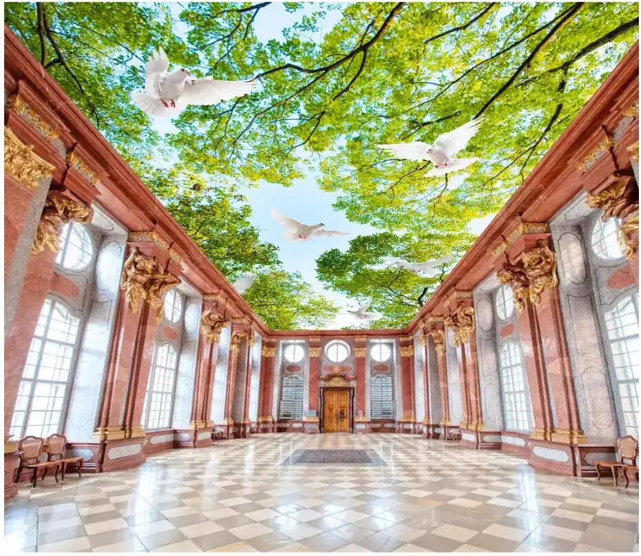 

Пользовательские фото 3d потолочные фрески обои голубое небо белые облака зеленые листья домашний Декор 3d настенные фрески обои для стен 3 d