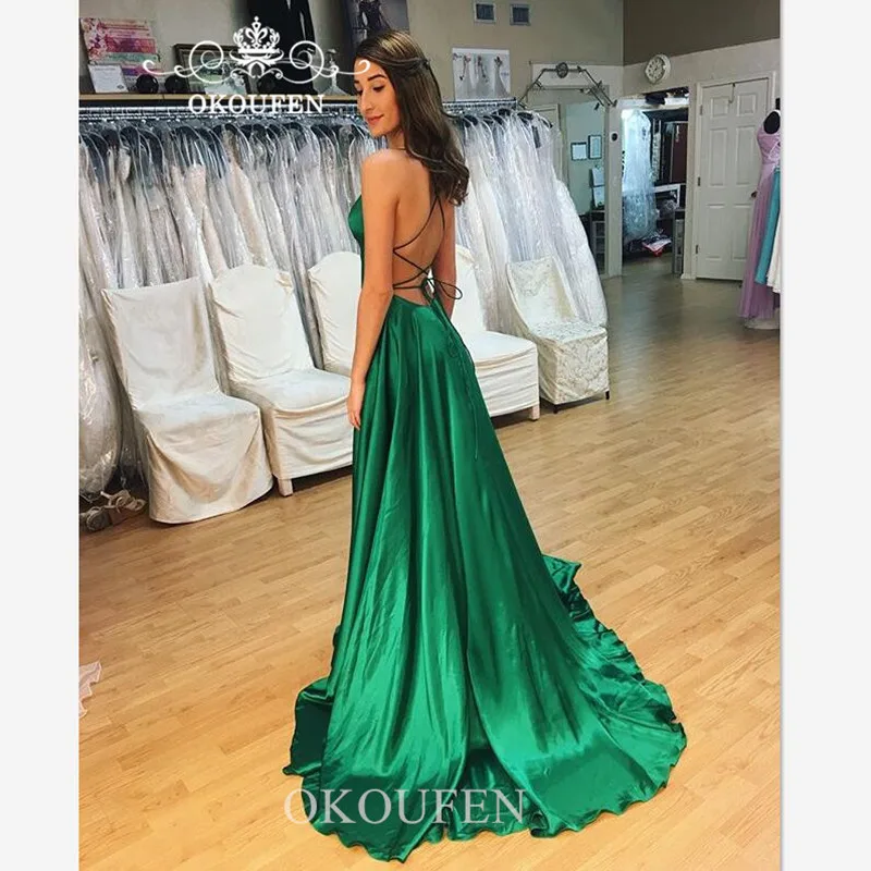 Зеленый атласные вечерние платья для женщин Спагетти ремень сбоку разделение 2019