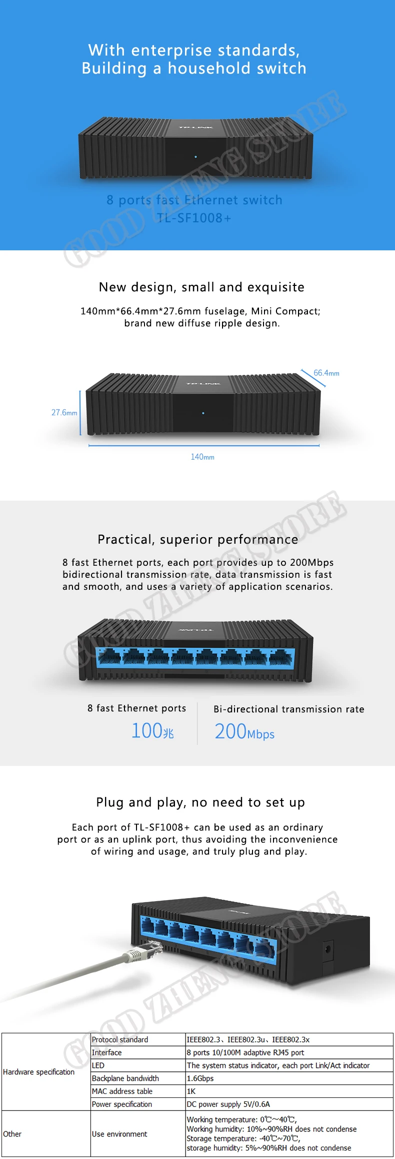 TP-Link TL-SF1008+ 8 Порты и разъёмы RJ45 10/100 Мбит/с коммутатор для интернет-сети настольный коммутатор